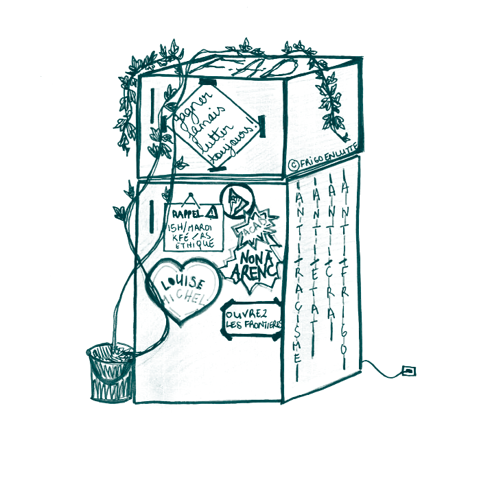 Dessin d'un frigo couvert de stickers antifrontières