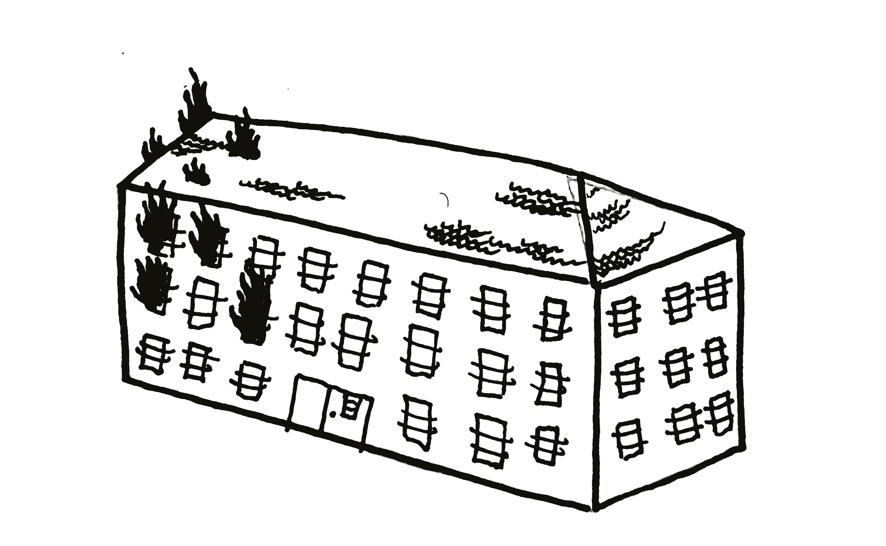 Dessin d'un grand batiment ressemblant à une prison, en feu