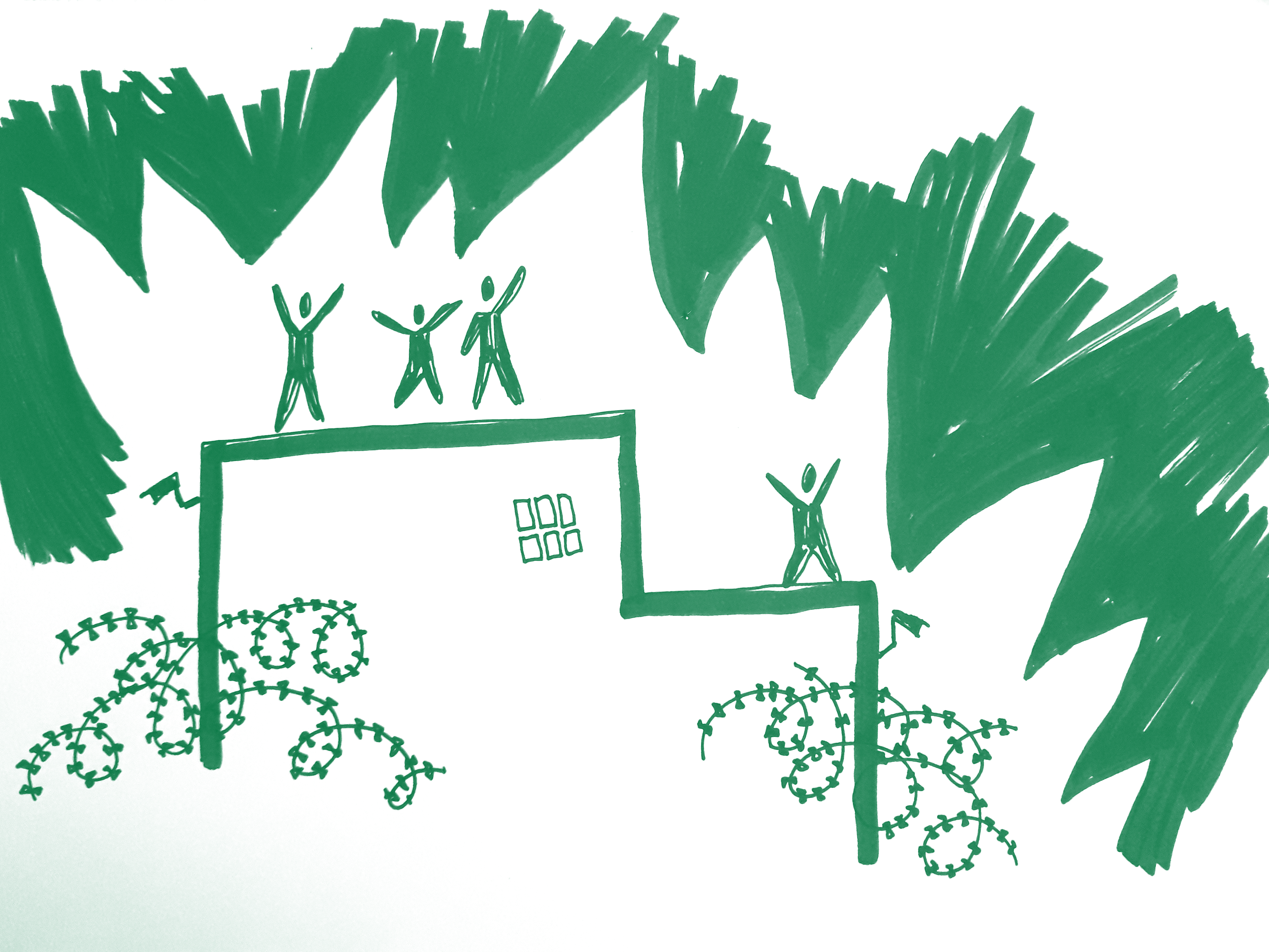 dessin de silhouettes debouts sur un toit, les bras levés, entourées de barbelées Concertina et de feu