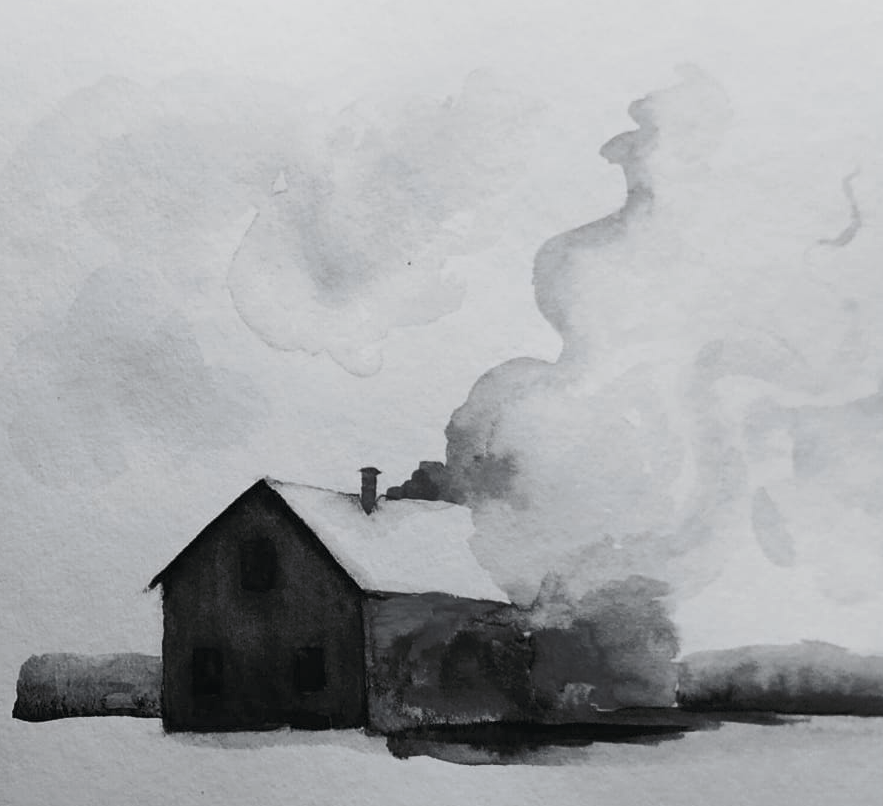Dessin d'une maison entourée de fumée, peut-être d'un feu ou d'un nuage.