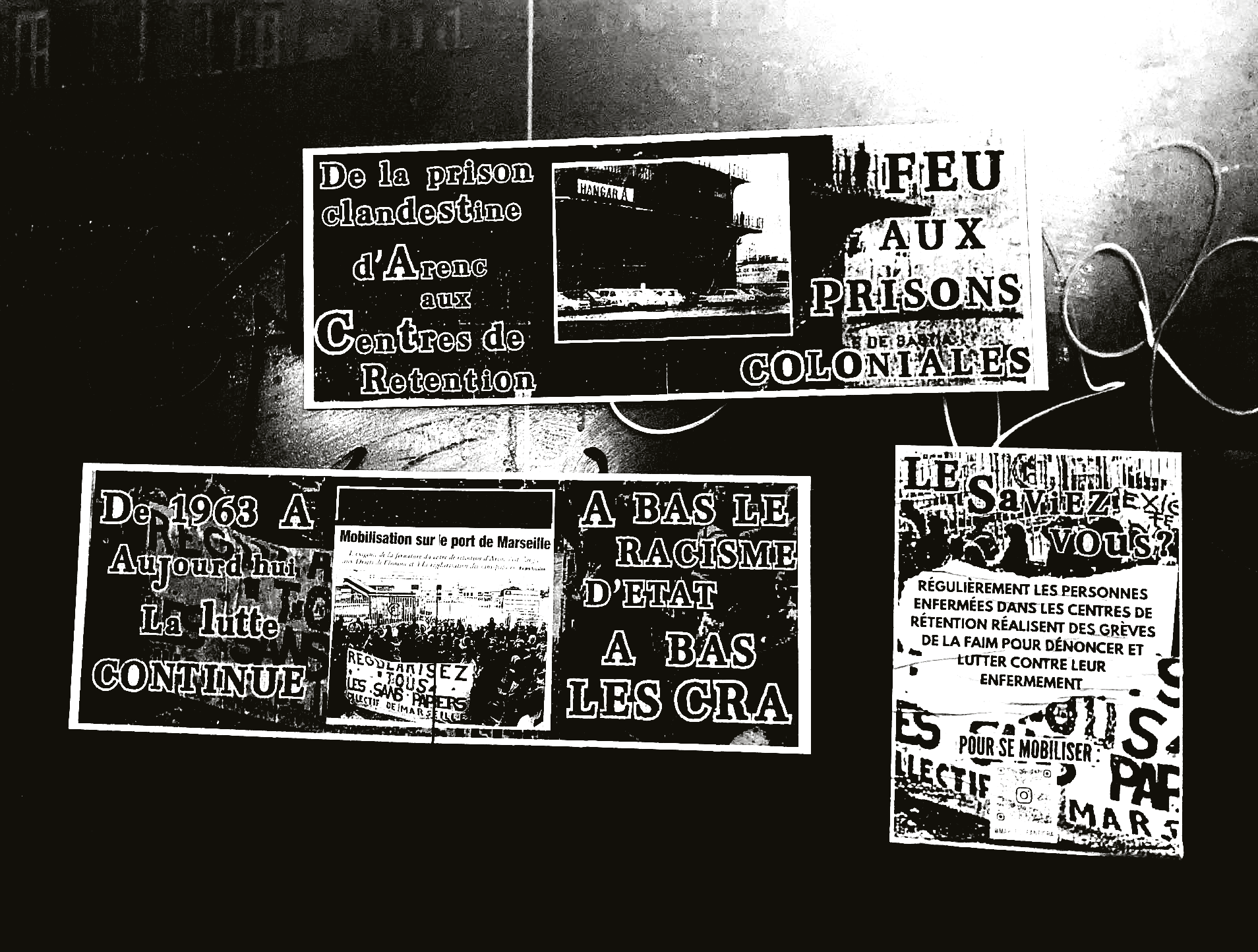photo d'un mur couvert de stickers avec des mentions comme "À bas les CRA" et "Feu aux prisons coloniales"